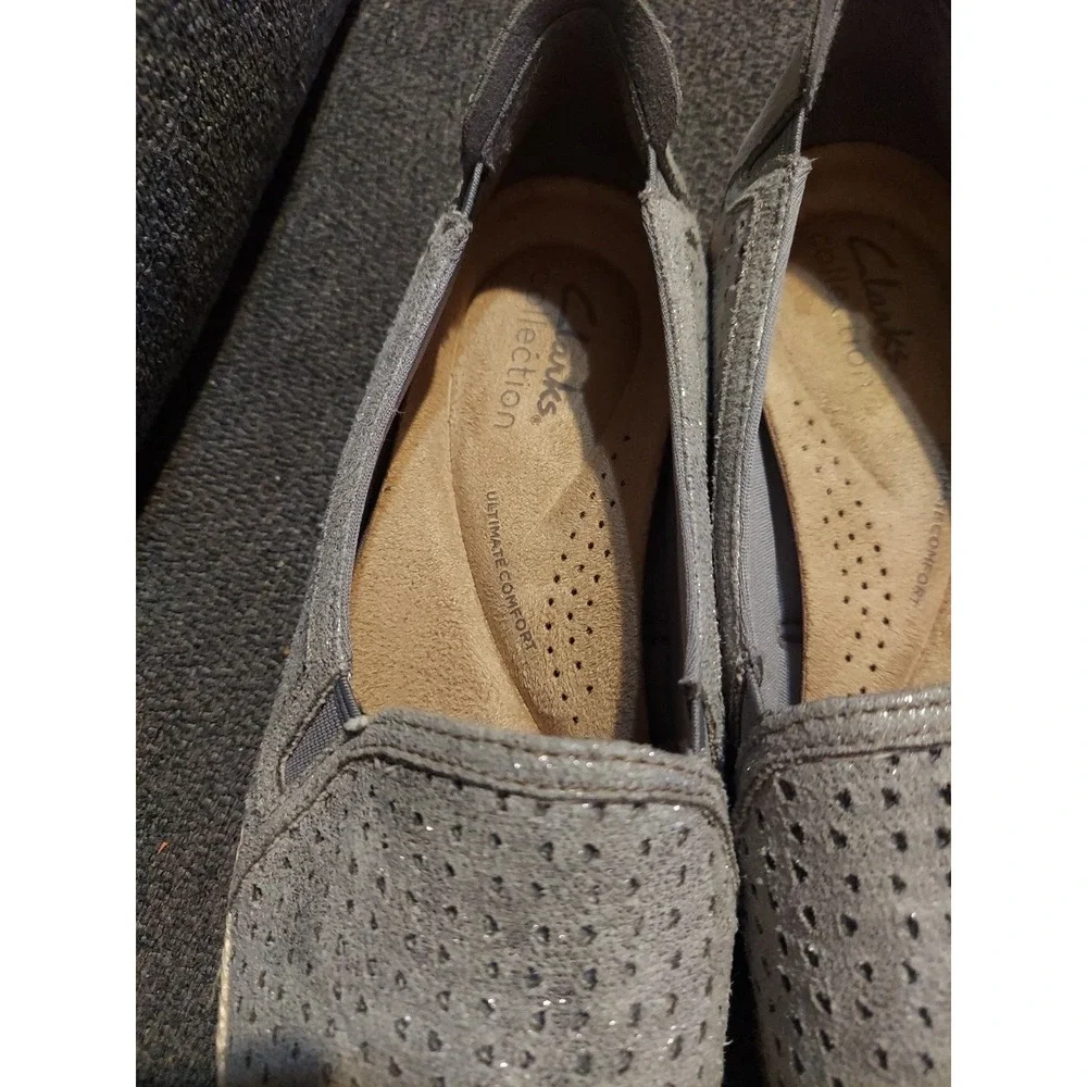 Clark's Daelyn Summit Metallic Pewter Perforated Leather Espadrilles Shoes Sz 6M